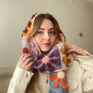 Crochet Scarf, 3D Flower Scarf, Chunky Crochet Shawl, Floral Knit Long Scarf, Bohemian Scarf, Gunes Crafts Style Scarf, Unique Gift