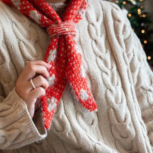 Handmade Merino Wool Knit Kerchief: Red Pressed Flower Scarf