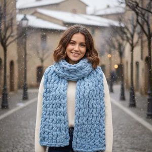 Hand Knit Chunky Scarf, Oversized Winter Scarf, Cozy Blue Knit Scarf, Handmade Gift for Her, Soft Wool Scarf